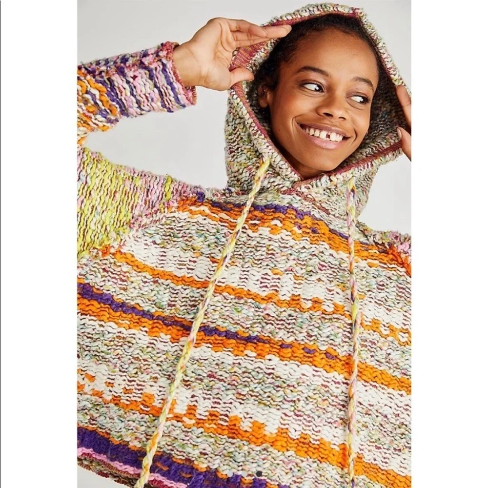 NWT Free People Winter Bright Hoodie in Rainbow Citrus Combo XS